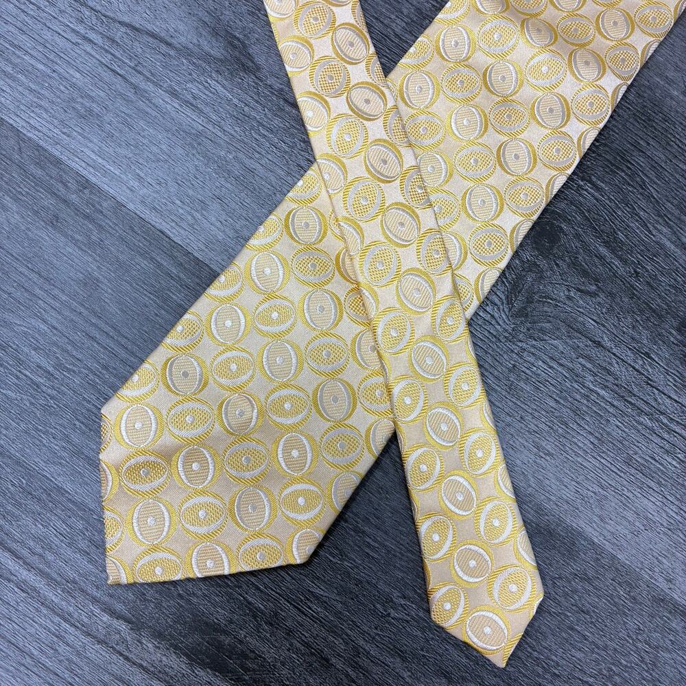 Zegna 100% Silk Tie Made in Italy Gold Cream Geometric 3.5" 59" Necktie